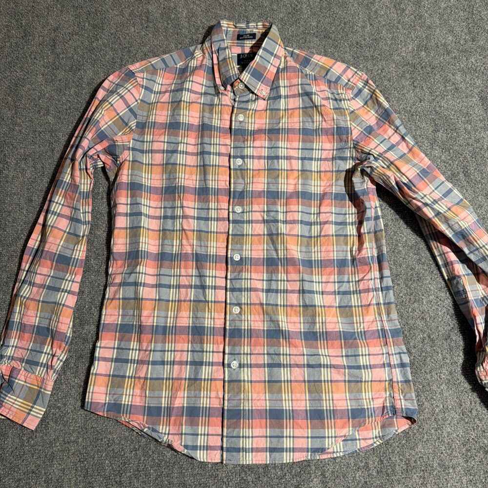 J Crew Shirt Mens Small Pink Plaid Slim Untucked Button Down Flex Washed
